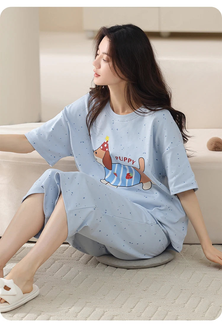 MiiOW 2Pcs Summer Women's Pajamas Set Cotton Short Sleeve Woman Homewear Cute Pink Patchwork Print Girls Pajamas Woman Sleepwear