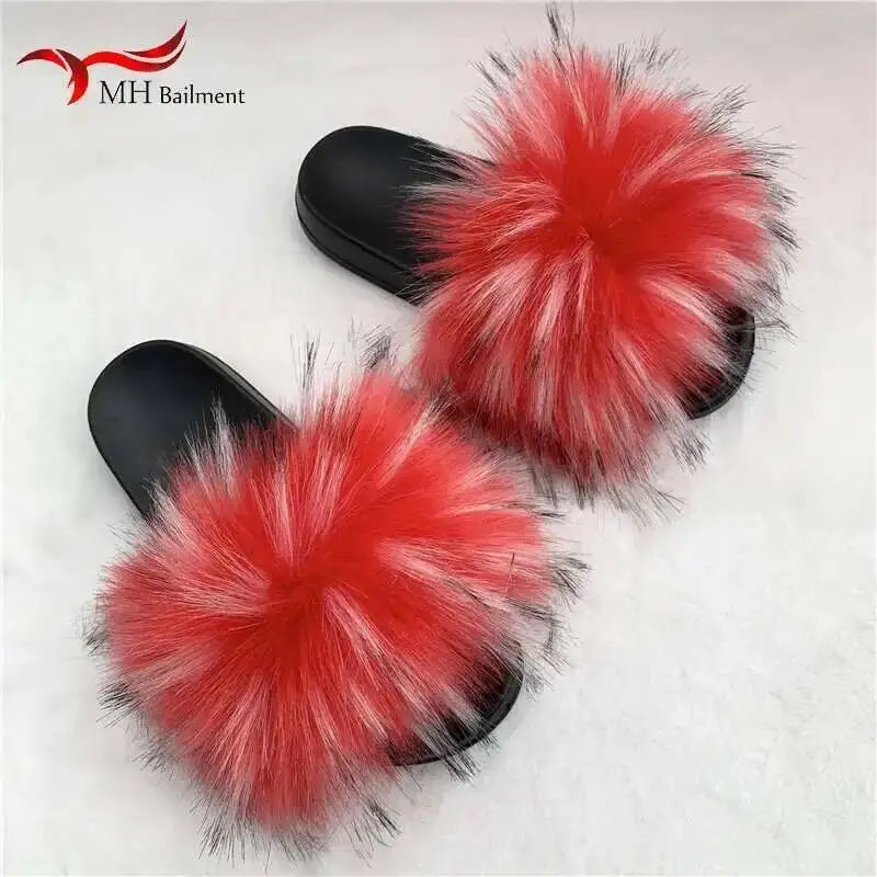 Ladies Fluffy Slippers Summer Women Faux Fur Soft Slides Stylish Open Toe Sandals Outdoor Indoor Furry Comfortable Beach Shoes