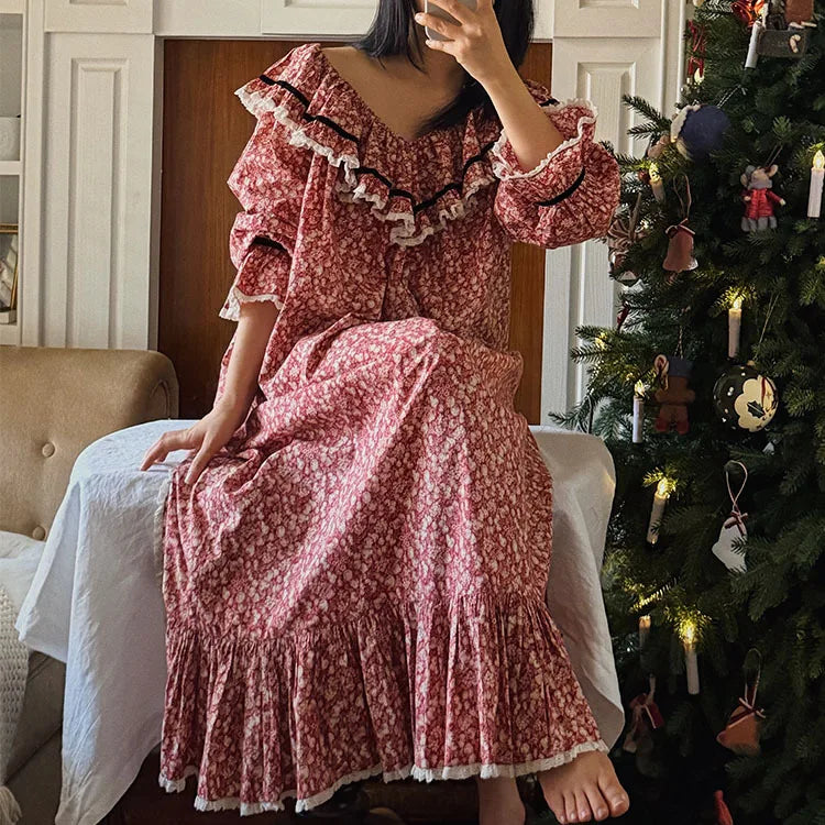 100% Pure Cotton Nightgown Women 2026 New Arrival Spring Summer French Retro Sweet Flower Printed Nightdress Loungewear