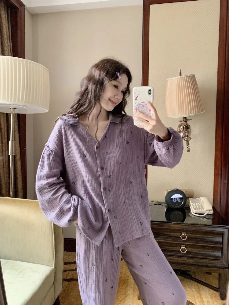 Cute Lapel Sweet Girl's Small Floral Pajama Spring New Elegant Women's Long Sleeved Pant Home Suit Set Comfortable Skin Friendly