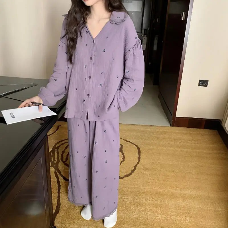 Cute Lapel Sweet Girl's Small Floral Pajama Spring New Elegant Women's Long Sleeved Pant Home Suit Set Comfortable Skin Friendly