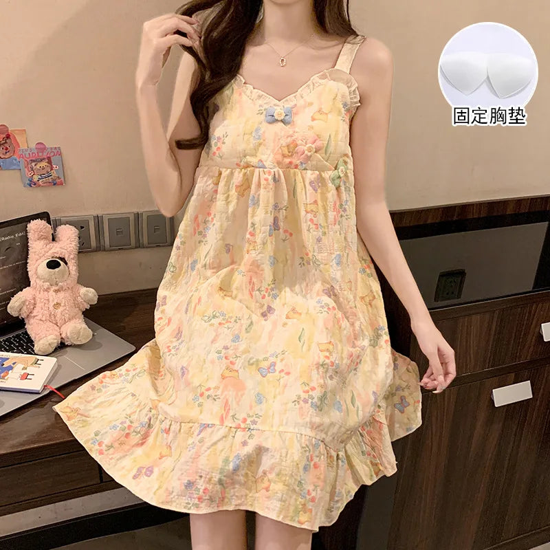 Sweet Lace Ruffle Sleepwear Woman Korean Fly Sleeves Summer Nightgown with Cheat Pad  V-neck Pajamas Dress Sleeping Home Clothes