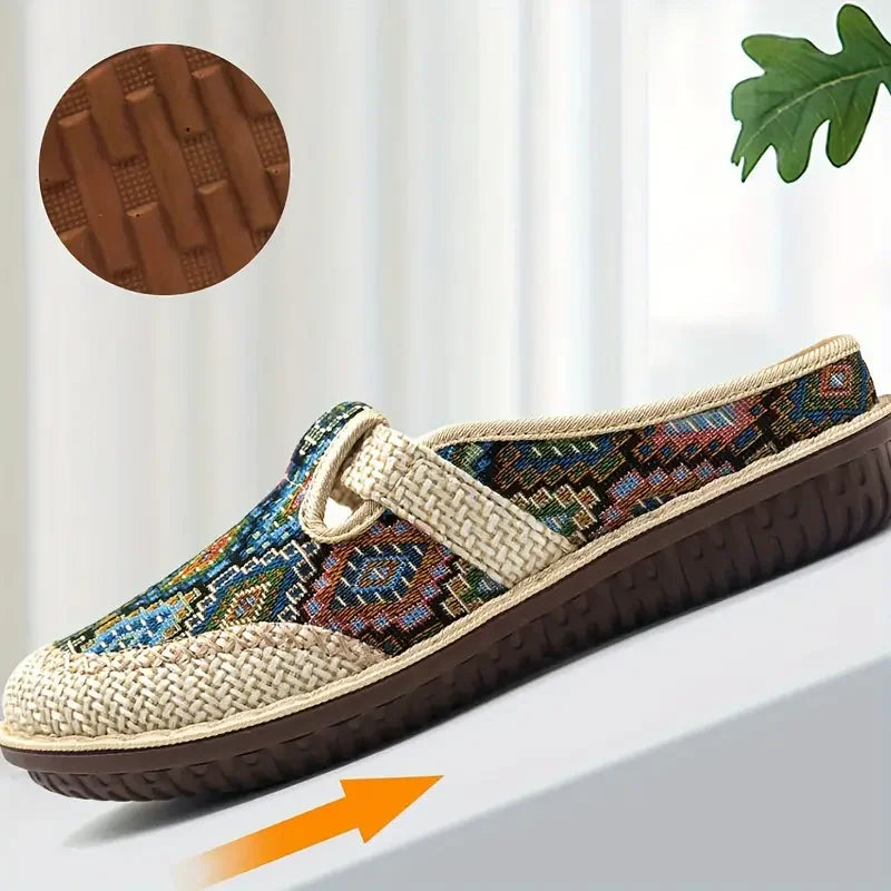 Lady Bohemian style open-toe Mule shoes, round-toe non-slip casual slippers