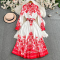 Spring Autumn Retro Palace Style Dress New French Printed Lantern Sleeve Stand Collar A-line Long Dress Femade C110
