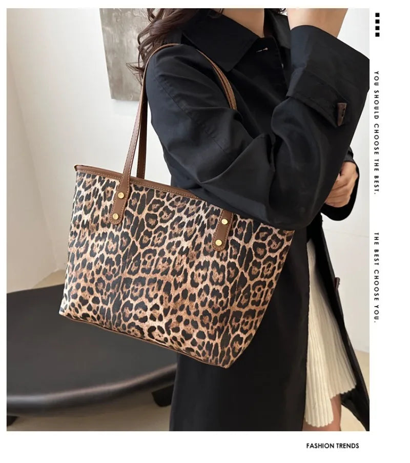 Women's Leopard Print Tote bag Pu Leather Underarm Bags Simple Casual Travel Shopping Bag Large Capacity Mother and Child Packag