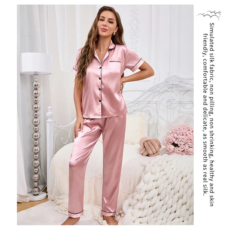 Women Pajamas Sets Spring Short Sleeve Satin Button-Down Top with Pants 2 Piece Pajama Set Sleepwear Pj Set Homewear Loungewear