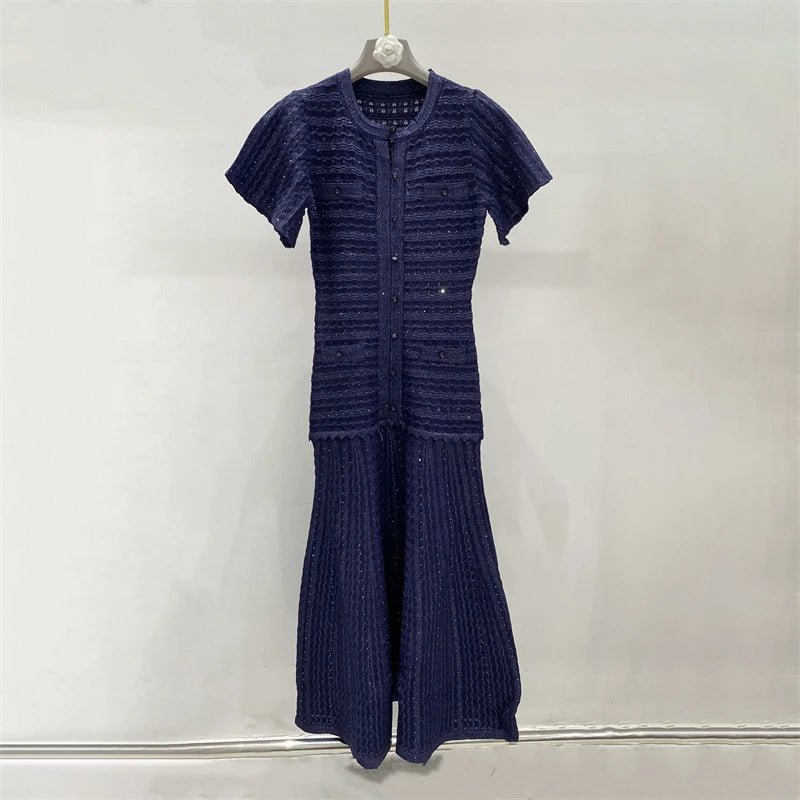New summer single-breasted round neck knit crochet short-sleeved dress, high-quality and fashionable over-the-knee long skirt