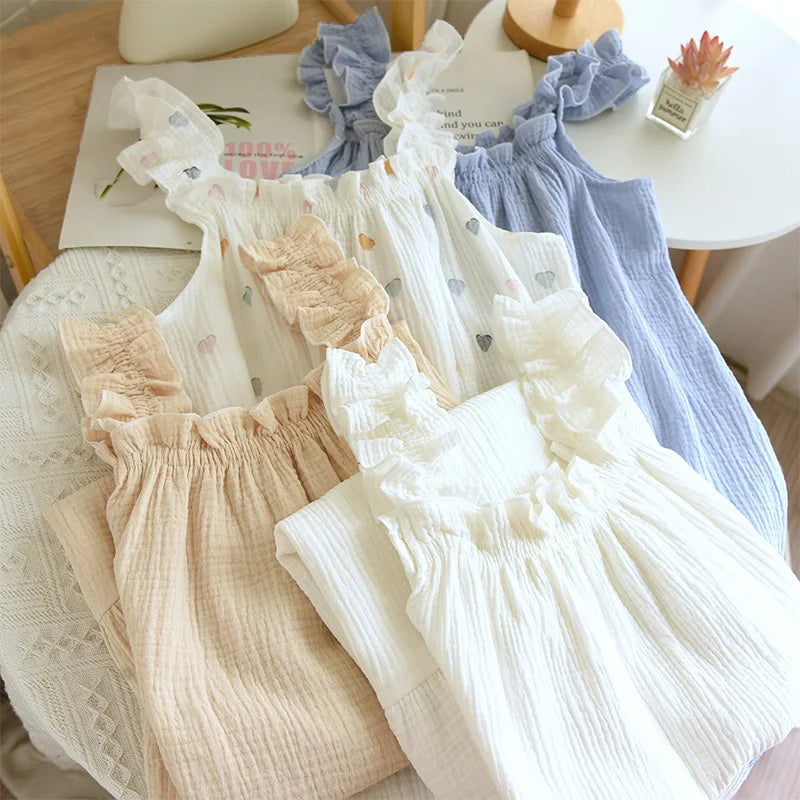 2026 new women's summer cotton yarn, pure cotton suspender sleepwear loose medium to long sweet and cute long skirt home wear