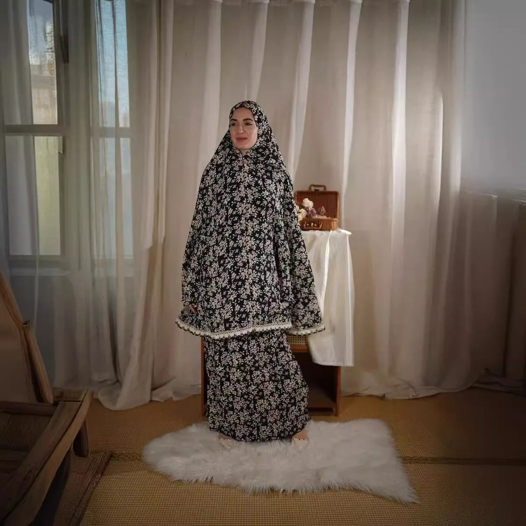 Muslim Outfits Two Pieces Prayer Flower Print Long Hooded Shirts Hijab Maxi Skirt Women Skirts Sets Ramadan Morocco musulman