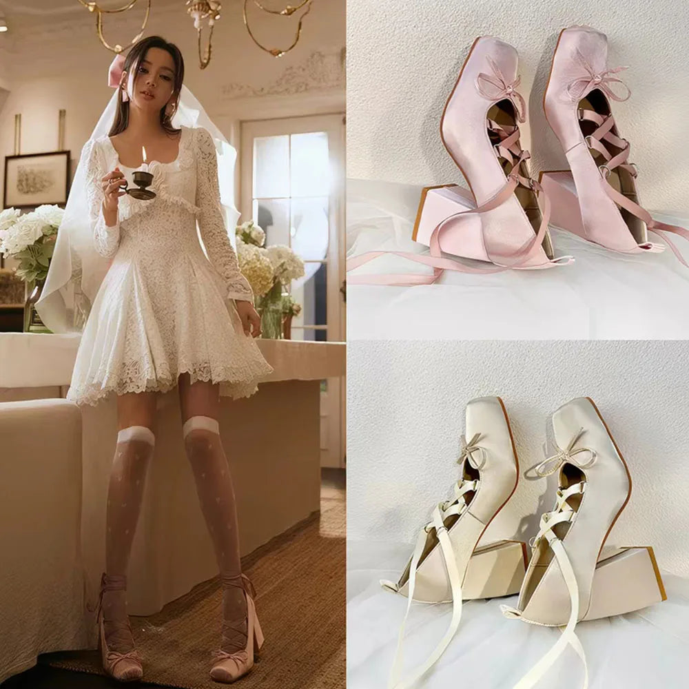 2026 Spring Satin Cute Lolita Women Mary Janes Shoes Chunky High Heels Ballet  Shoes Lace Bowknot Ladies Shoes For Woman Pumps