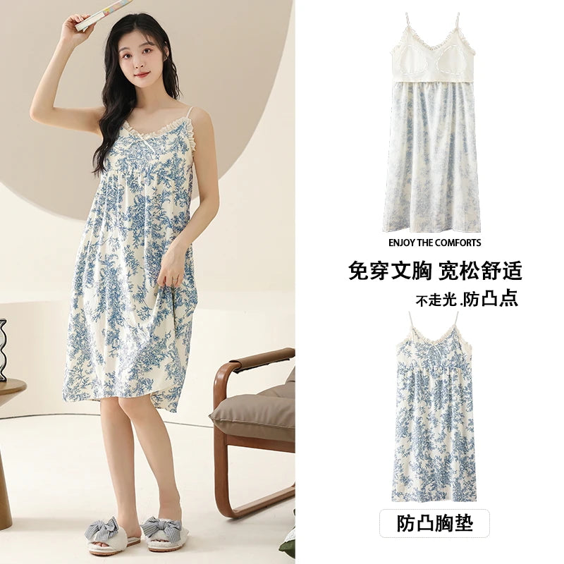 Summer Women Sleeveless Nightdress With Chest Pad Femme Knited Cotton Nightwear Floral Sling Sleepdress