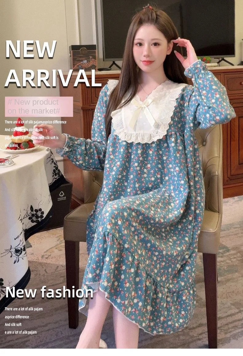 2026 Comfy Long Sleeve Home Dress, Women's Floral Print Loungewear for Spring Autumn, Oversize Sweet Korean Style