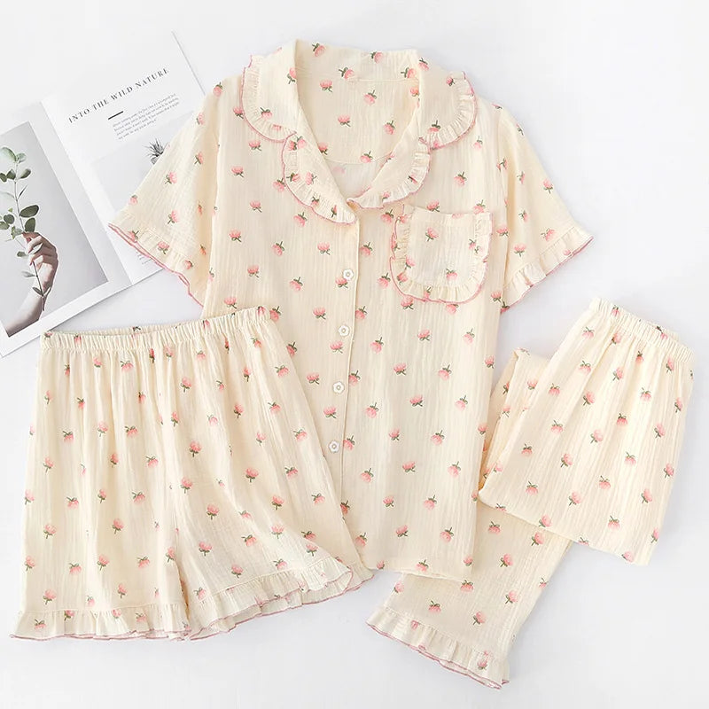 Pajamas pure cotton three-piece set spring and summer thin crepe autumn gauze lapel short-sleeved trousers shorts loungewear set