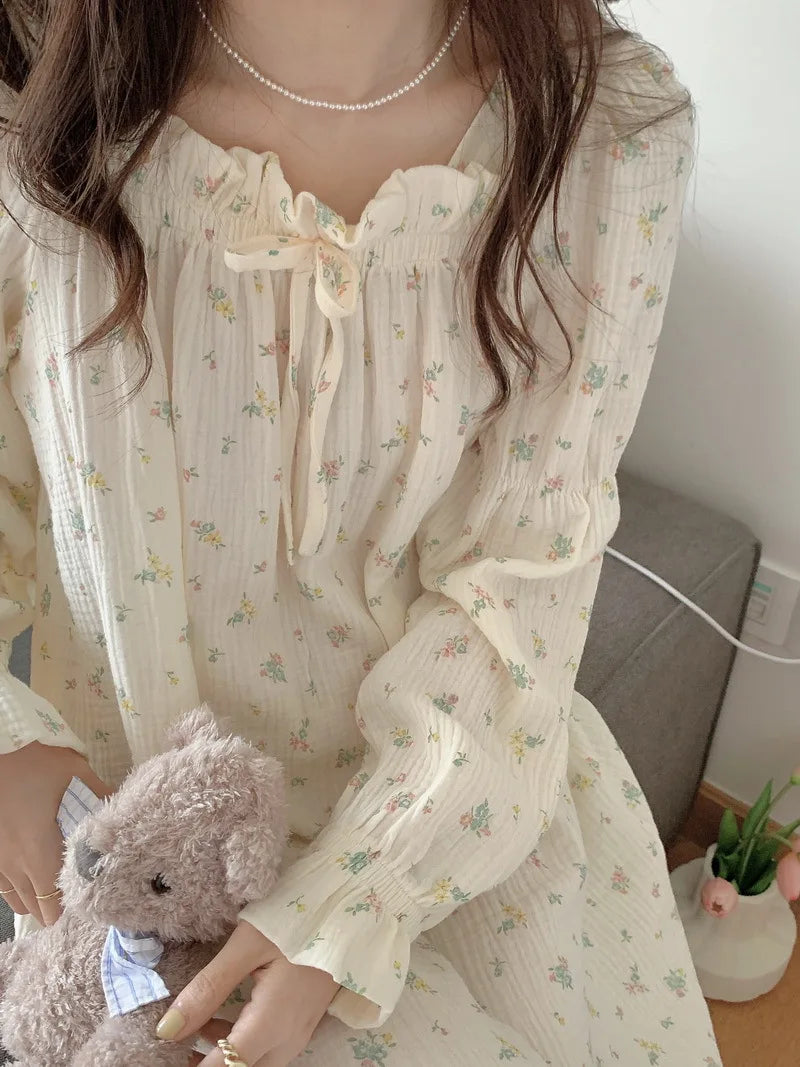 Sweet Girl Floral Print Long Nightdress Sleepwear Spring New Female Cotton Nightgown Lounge Wear Casual Bathrobe Home Wear