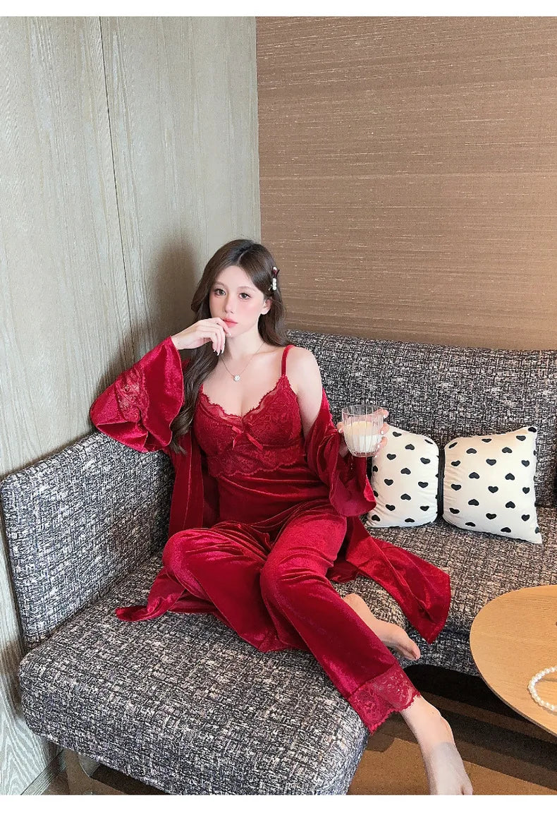 Warm Home Clothes Lady Sexy Lace Flower Trim Nightwear 3Pcs Velour Pajamas Set Luxury Velvet Cami Top&pants Loungewear Winter