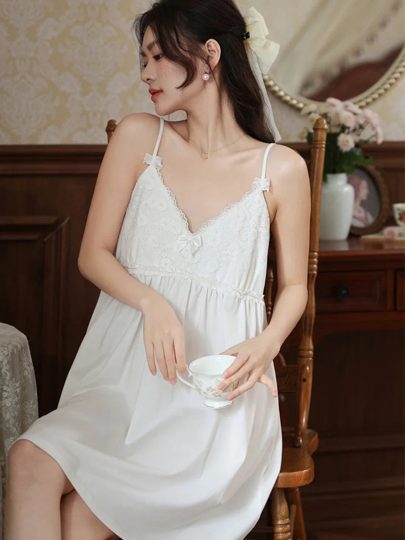 Cotton Strap Sleepwear for Women Summer French Sweet Lace Embroidered Pure Sleeping Dress with Chest Mat Home Clothes