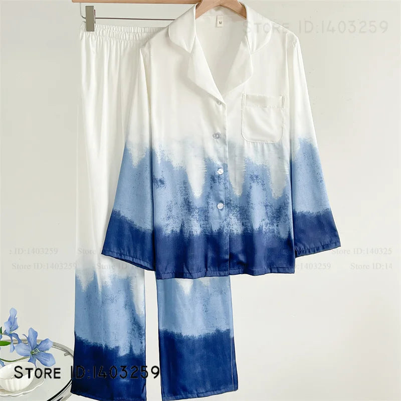 Elegant Silk Satin Women Pajamas Set Lounge Wear Sexy Lingerie Long Sleeve Trouser Pijamas Suit Loose Casual Sleepwear Homewear