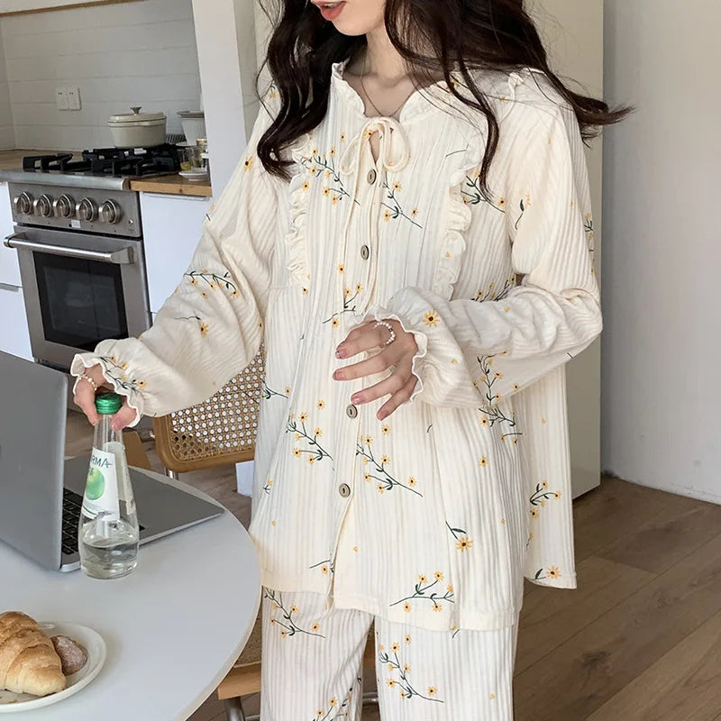 Cotton Women's Pajamas Set Floral Printed Long Sleeve Sleepwear Home Clothes Casual Ladies Nightwear Sleeping Pyjamas Suit