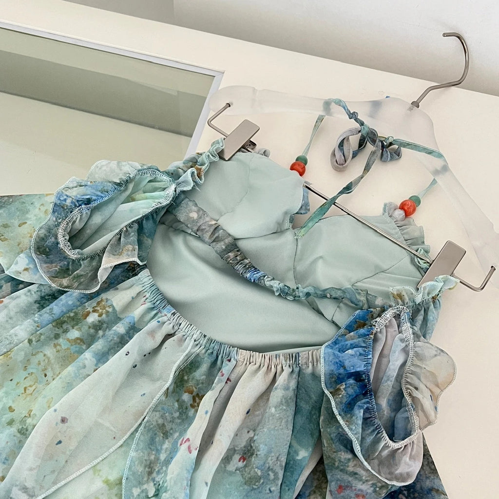 2025 Elegant Halter Neck Ruffled Maxi Dress Women Blue Green Floral Print Bohemian Design Beach Vacation Casual Party Dress New