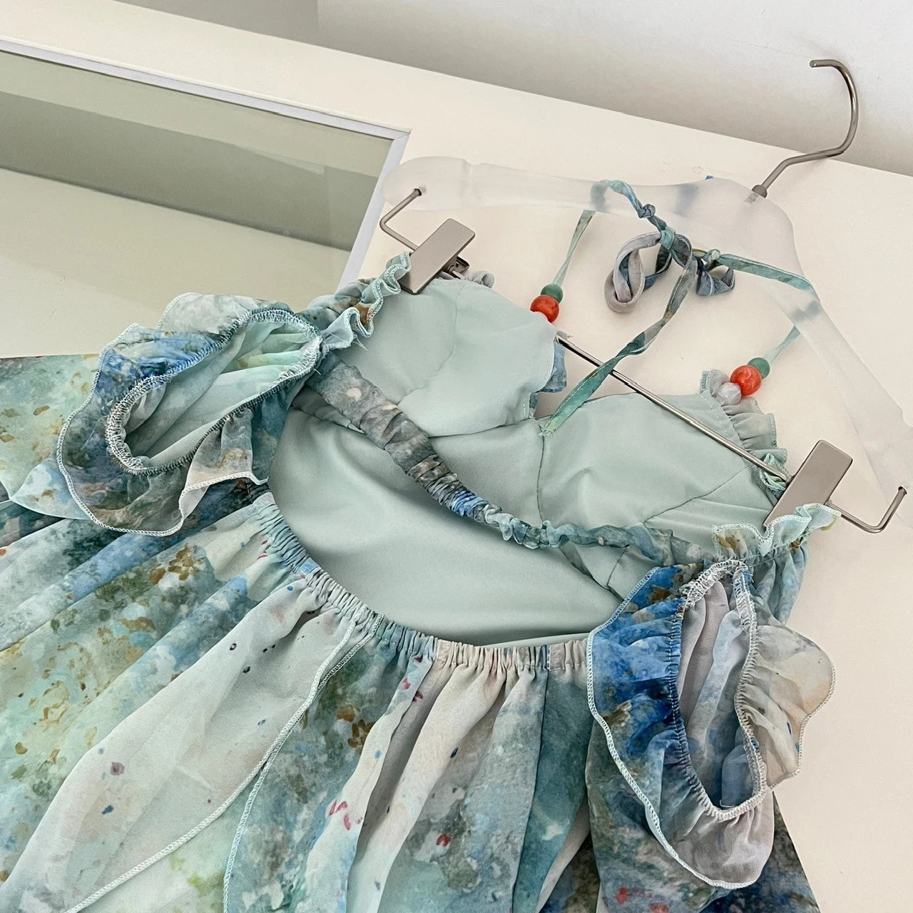 2025 Elegant Halter Neck Ruffled Maxi Dress Women Blue Green Floral Print Bohemian Design Beach Vacation Casual Party Dress New