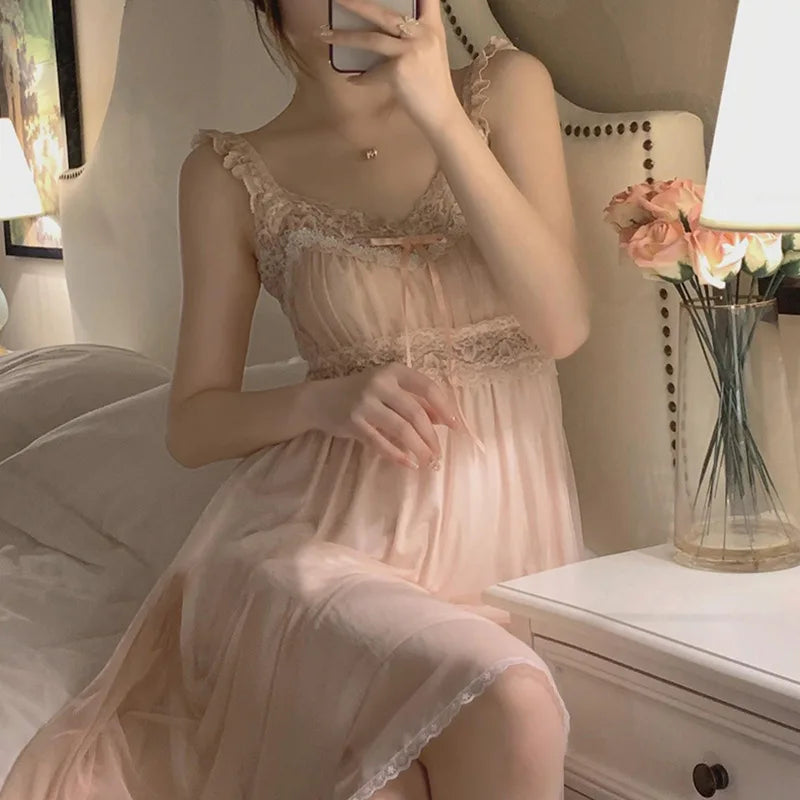 Spring Nightdress Women  Lace Sweet Nightgown Home Dress Pajamas Summer Girl Princess Style Soft Sleepwear Nightwear Outwear
