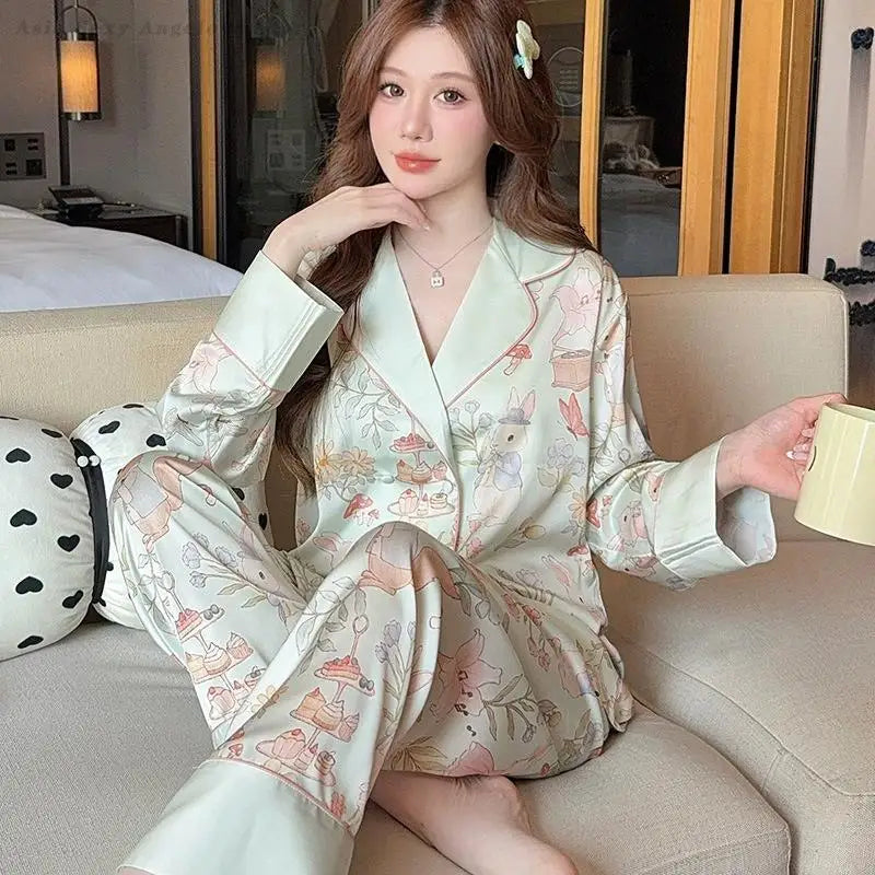 Silk Satin Female Pajamas Sleepwear 2PCS Set Fashion Print Flower Home Clothes Trouser Suits Spring New Loose Casual Nightwear