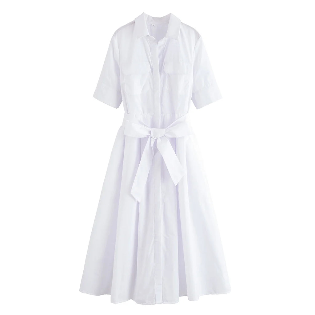 HH Women Summer Lapel Short Sleeve Pocket Single-Breasted Belt Decorate Midi Dress Female Fashion Shirt Style Pleated Dress