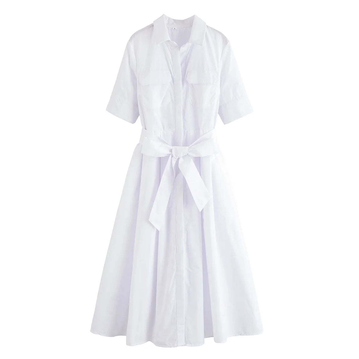 HH Women Summer Lapel Short Sleeve Pocket Single-Breasted Belt Decorate Midi Dress Female Fashion Shirt Style Pleated Dress