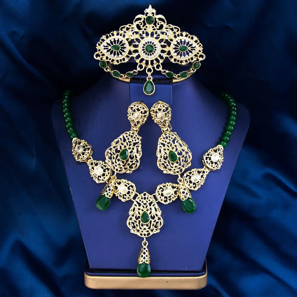 Sunspicems Gold Color Arabic Morocco Bridal Wedding Jewelry Sets Beads Necklace Waterdrop Pendant Long Earring Filigree Brooch