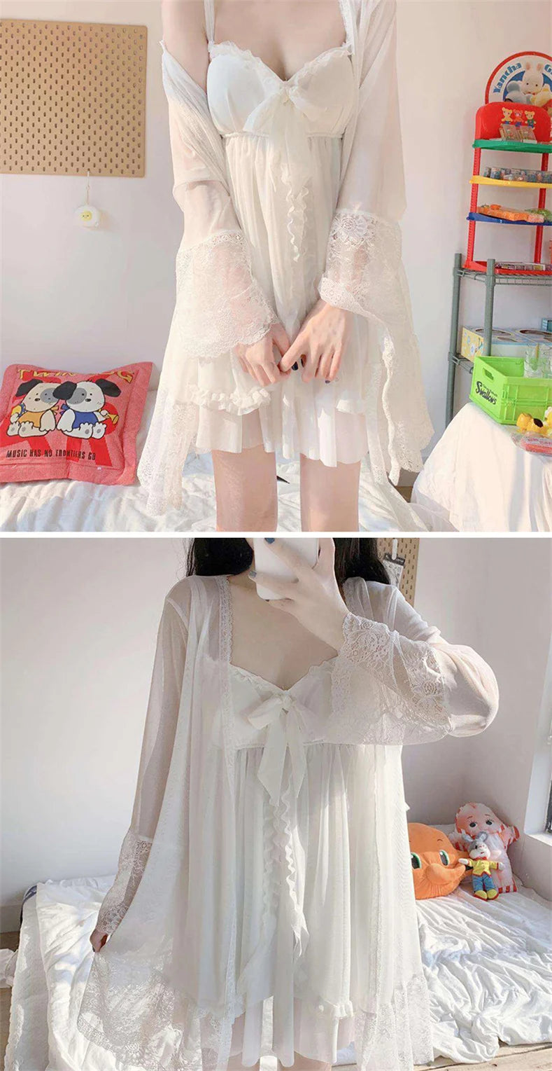 Elegant Sweet Simple Solid White Women Robe Gown Sets Chic Lace Bow Mesh  Sleepwear Breathable Slim Nightdress
