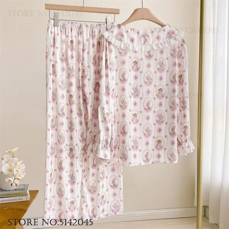 Long Sleeve 2PCS Pjs Trouser Suits Sweet Cute Print Cartoon Sleepwear Pyjama Pour Femme Spring Autumn New Satin Home Clothes