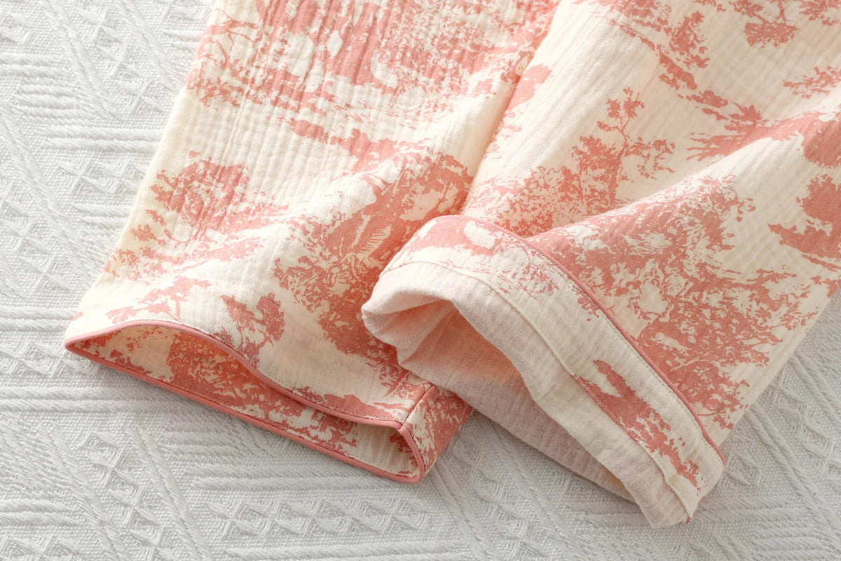 Spring /Autumn Chinese Style Pajamas for Women Cotton Gauze Lace-up Long-sleeved Pants Elegant Home Clothing Kimono Home Clothes