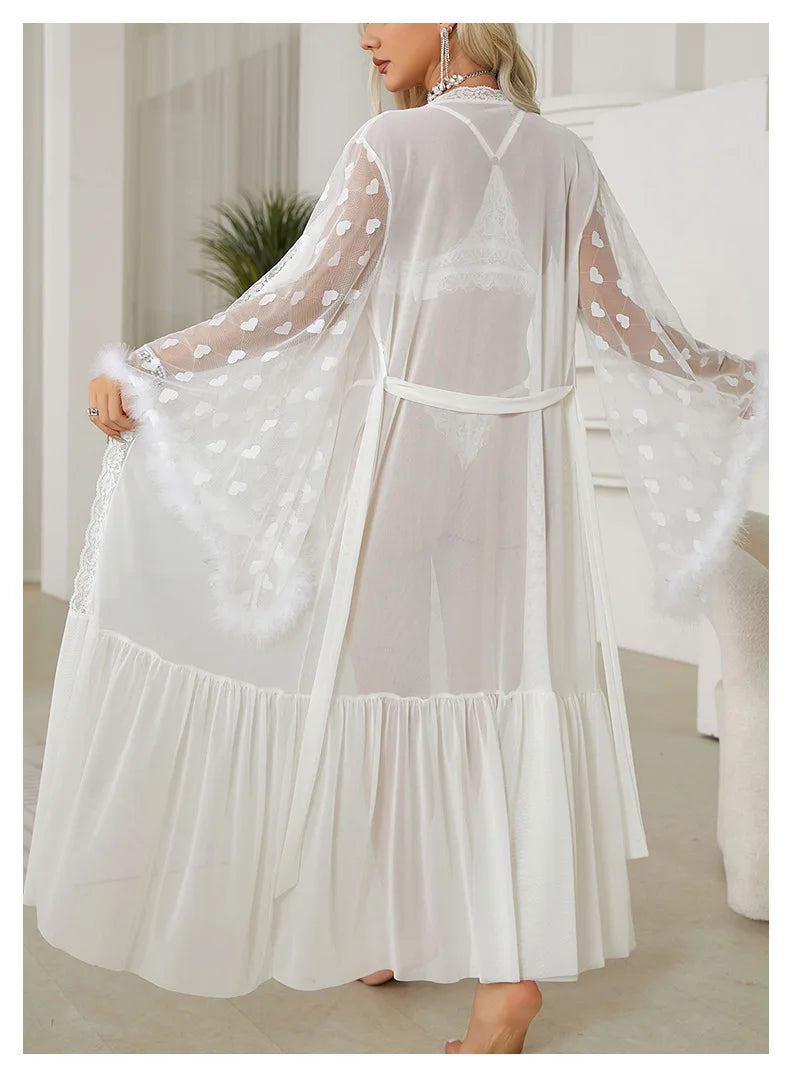 Sexy Bride Wedding Dress Soft Mesh Lace Flower Robe Long Kimono Nightwear Loose Bathrobe Feather Trim Big Sleeve Nightgown