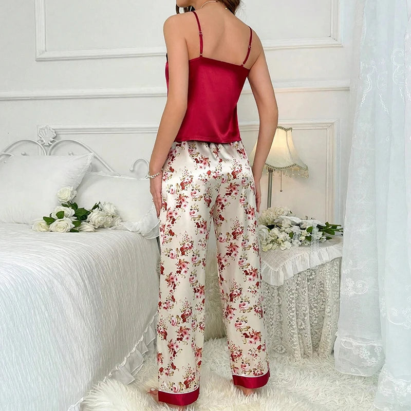 Sexy Floral Print Satin Pajama Set For Women Satin Sleeveless V-Neck Slip Cami Top And Long Pants For Fall Fit Silky Sleepwear