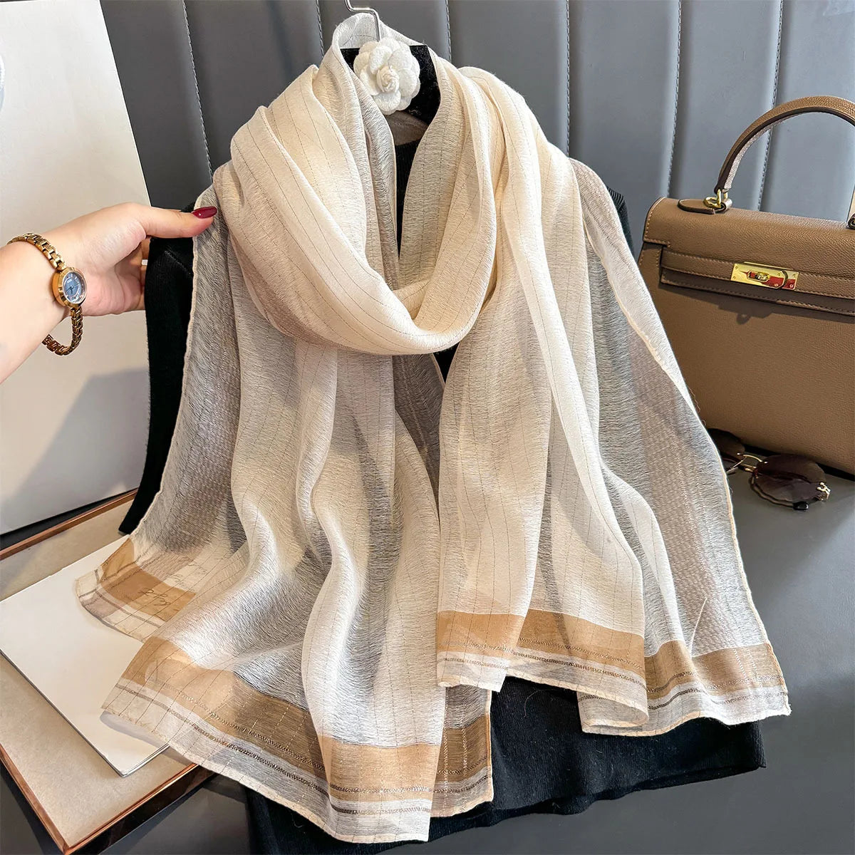 Luxury Long Scarf For Women Elegant Hijab For Travel Beach Soft Stain Neckerchief Shawl Solid Color Imitation Silk Scarves