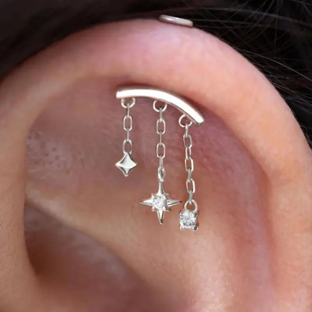 CANNER 1PC 925 Sterling Silver Eight-pointed Star CZ Piercing Earring For Women Ins Tassel Chain Stud Earring Party Fine Jewelry