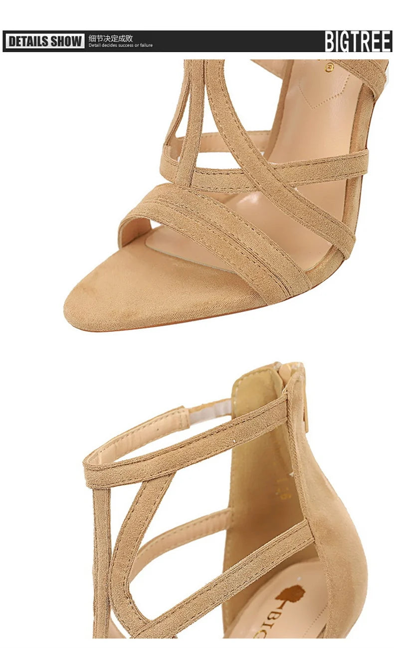 Women Roman style Thin High Heels Pumps Pointed Toe Suede Hollow Strap Party Shoes Solid Solid Ankle Zip Summer Sandals