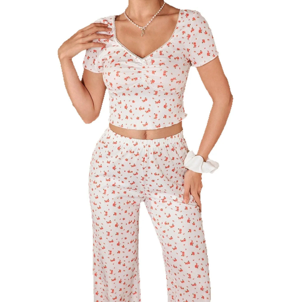 2026 New Women's Floral Print Short Sleeved Pants Two-Piece Set for Home Wear Can Be Worn Outside in Autumn and Winter Pajamas