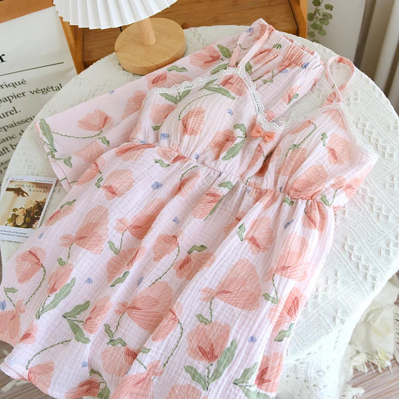 2026 New Summer Women's Pajama Set 100% Cotton Suspenders+Shorts with Chest Pads Two Piece Set of Ladies Flower Home Furnishings