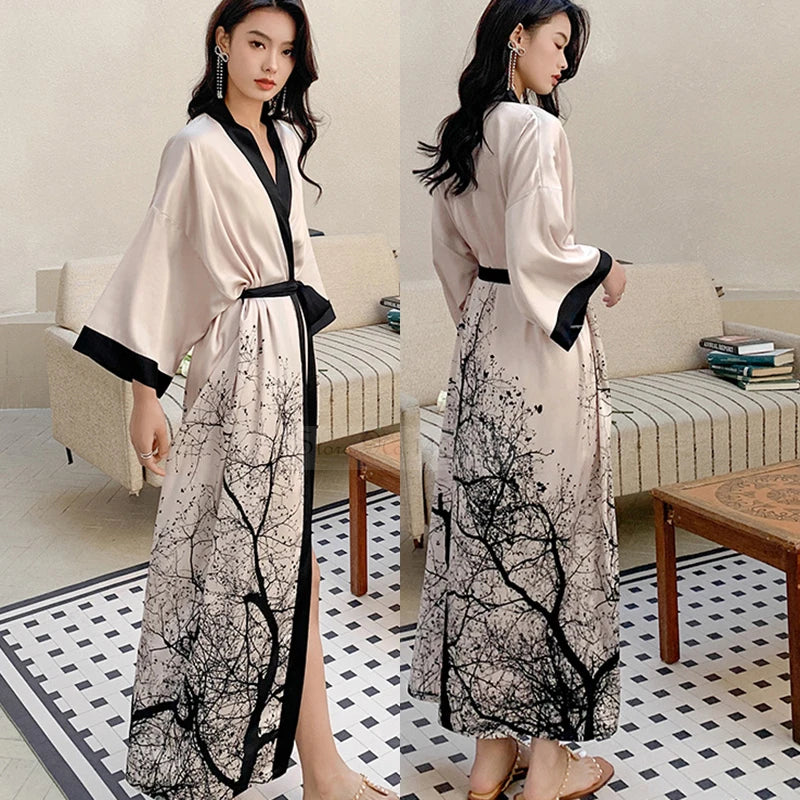 New Spring Summer Female Long Robe Nightgown Sexy Print Flower Kimono Bathrobe Gown Casual Silk Satin Home Dress Lounge Wear