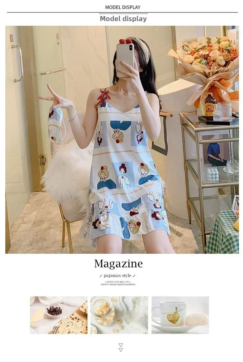 New with Bra Pad, Free Eye Mask, Sling, Loose and Cute Cartoon Animal Pajamas, Nightgown Role-playing Sleepwear Women
