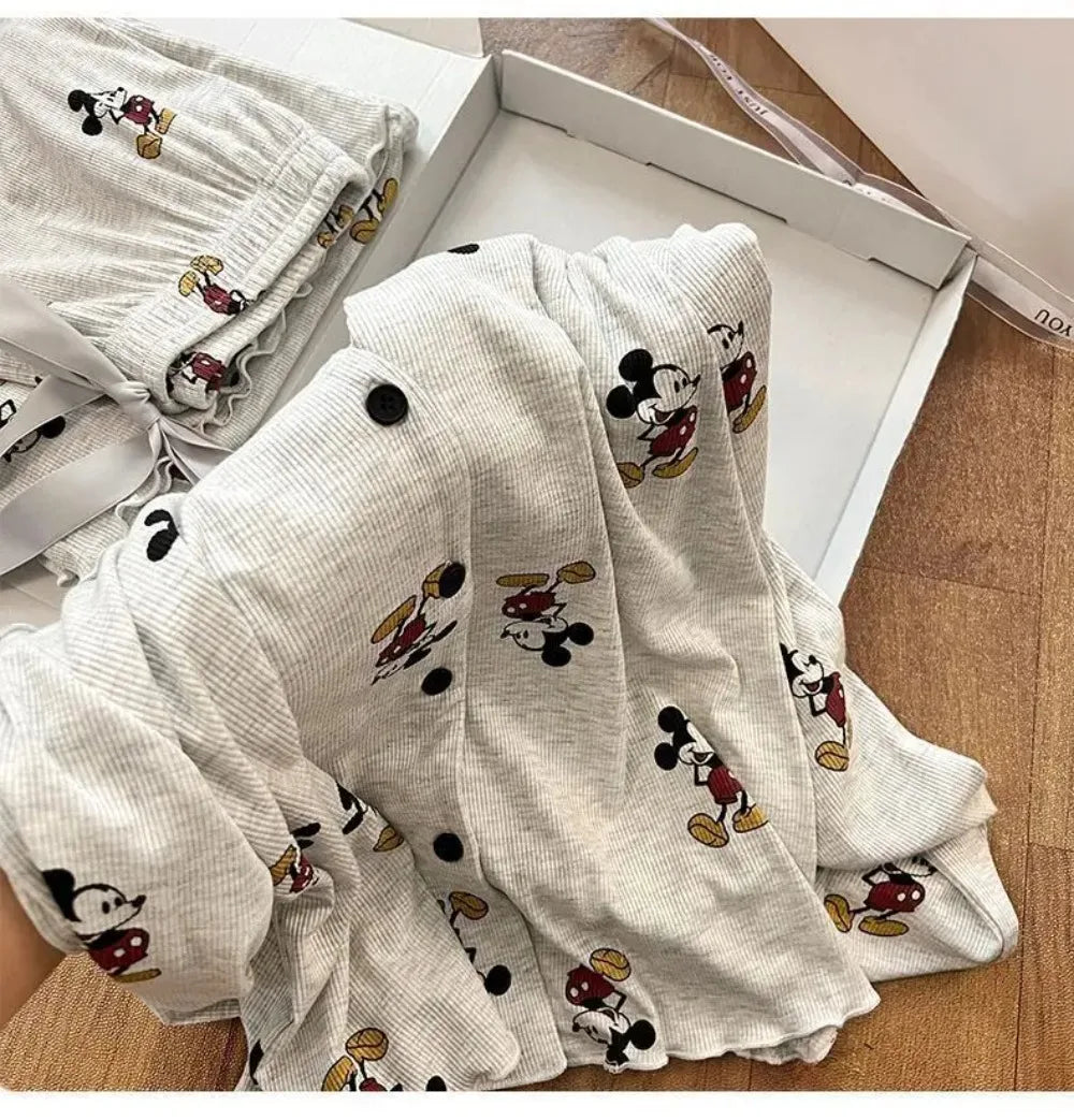 Potdemiel Mickey Women's Pajama Set Autumn, Korean Style Long Sleeve Loungewear, Premium Cotton Sleepwear with Pants
