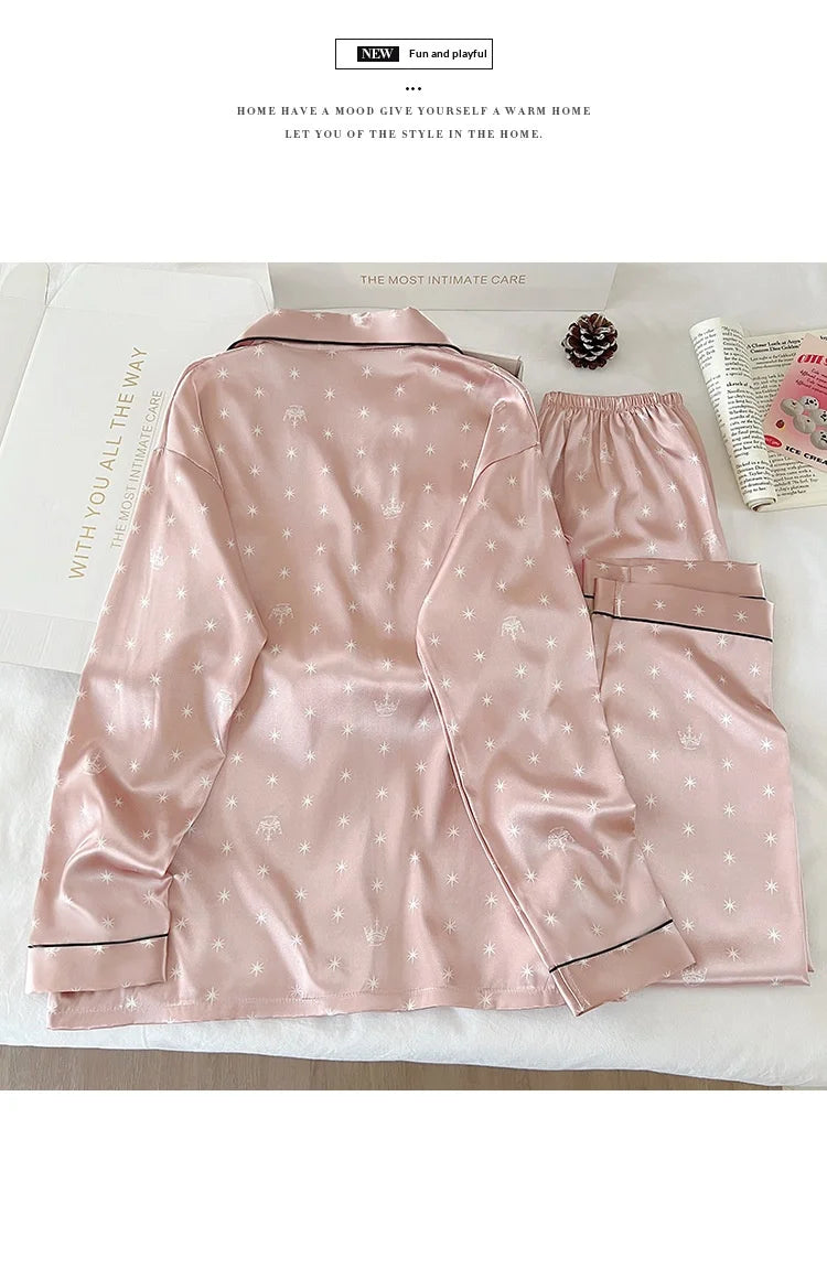 New Japanese-Style Sweet Girl Floral Print Ice Silk Pyjama Set Women's Spring/Autumn Long-Sleeved Top and Trousers Homewear Set