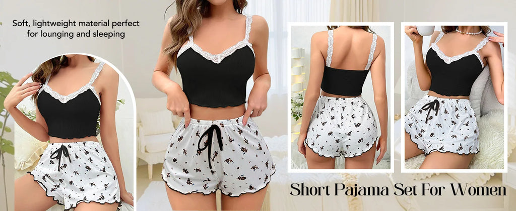 Women’s Lace Trim Cami & Floral Shorts Pajama Set, Soft Ribbed Two-Piece Sleepwear, Sexy Summer Loungewear Nightwear Outfit