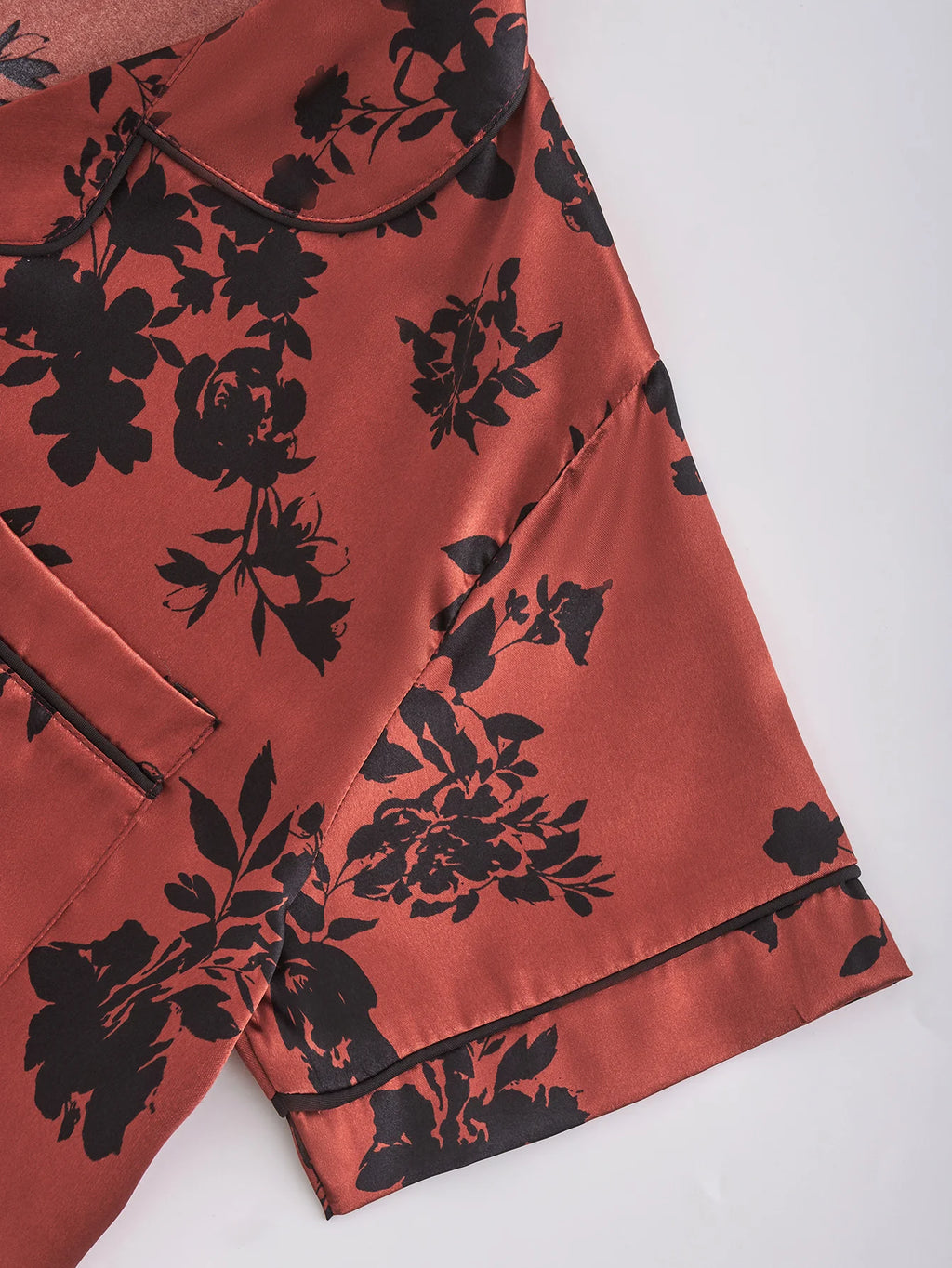 Women Satin Pajama Set Red Black Floral Print Short Sleeve Top & Long Pants Sleepwear Luxury Silk Like Nightwear Loungewear
