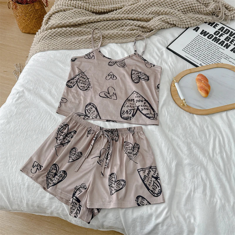 Summer Elegant Floral Print Sleepwear Women Sexy Ultra-Thin Vest and Shorts Comfortable Loungewear Breathable Nightwear HomeWear