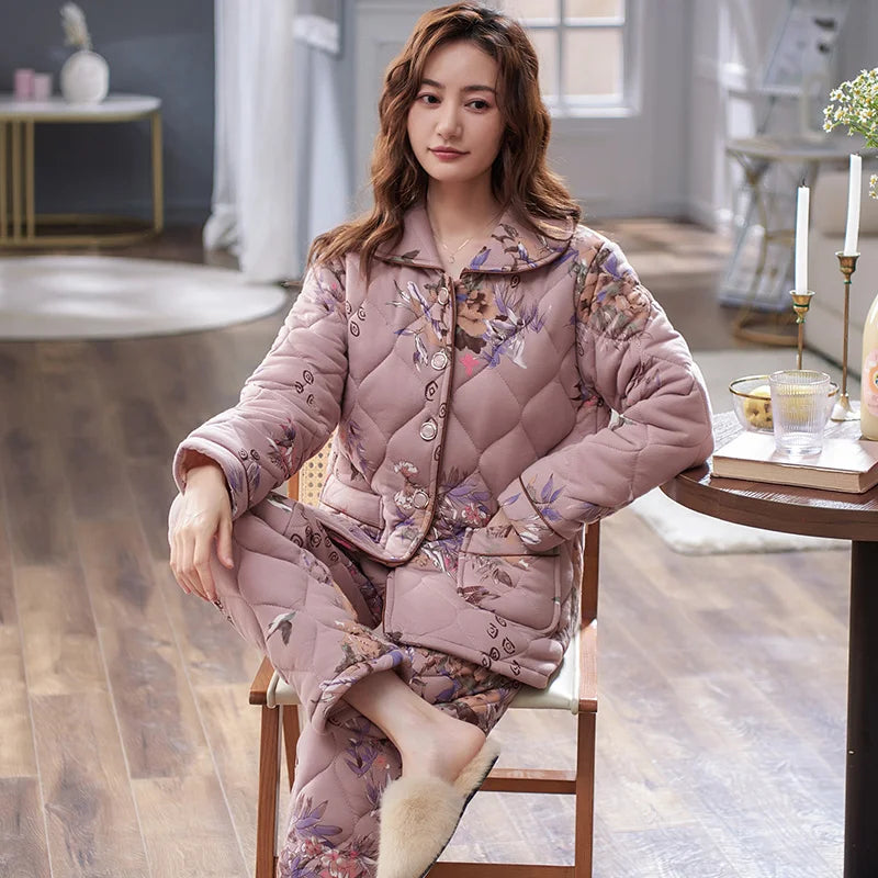Winter three layer thick keep warm quilted jacket women's pajamas floral pijamas inverno M-XXXL sleepwear