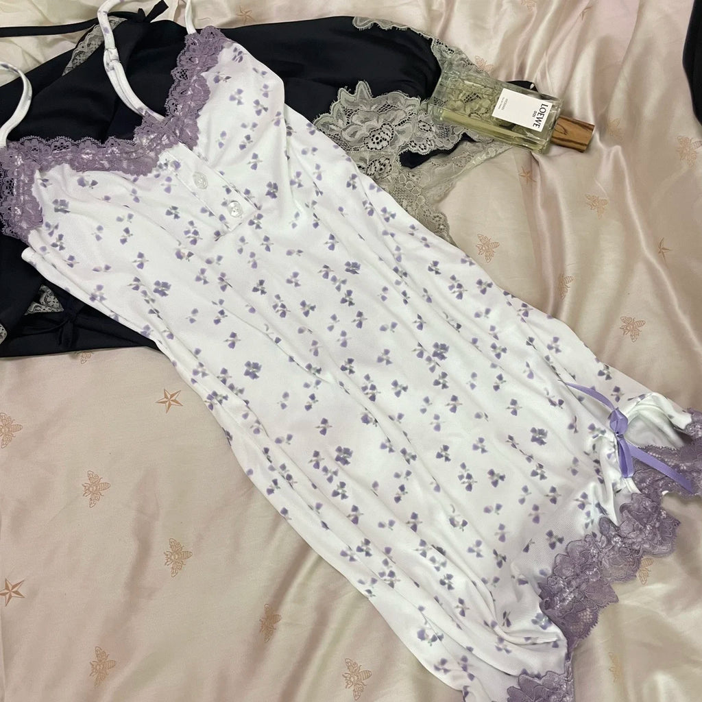 Sexy Floral Nightgowns Women Lace Patchwork Korean Romantic Sleepwear Spaghetti Strap Y2k Bodycon Comfortable Trendy Daily Ins