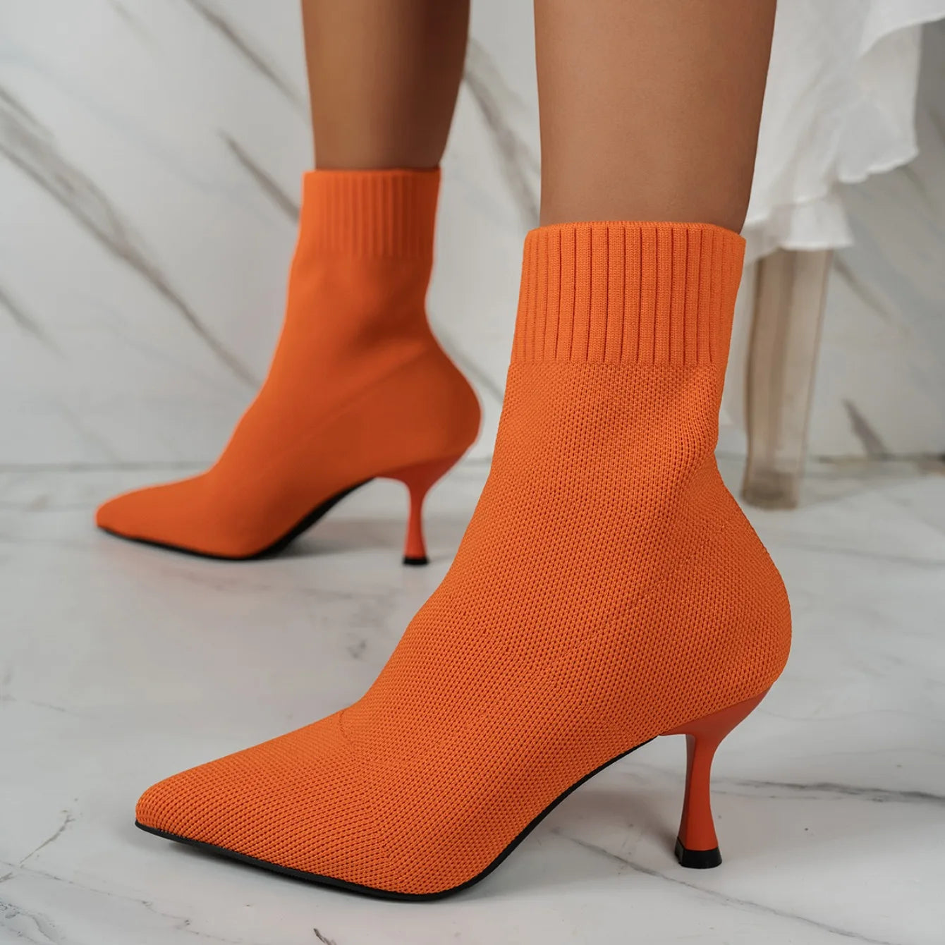 Spring Autumn Women Ankle Boots Slip-On Green Chelsea Boots Women Luxury Stretch Fabric Women Socks Shoes Pointed Toe High Heels