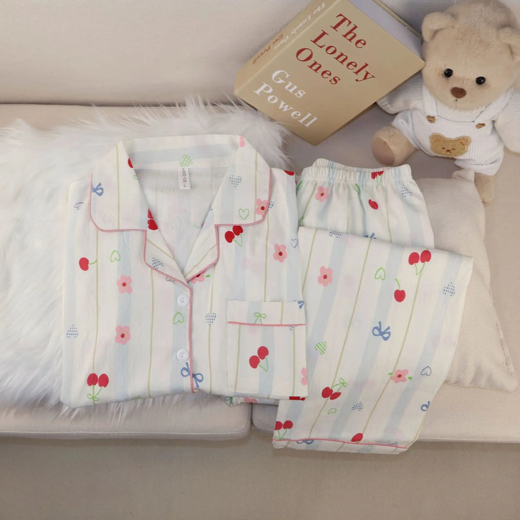 New Pajamas with Cherry Print for Girls Sweet Collared Cardigan Two-Piece Home Outfit Women's Sleepwear Homewear Student